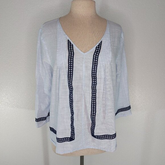 Ivanka Trump Womens Top Large Long Sleeve Blue Boho V Neck Pleated - Picture 1 of 15